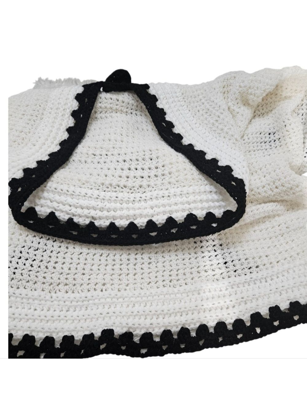 Handmade White Hand Knit Crochet Cocoon Cardigan Granny Square Black Open Front - Picture 12 of 17